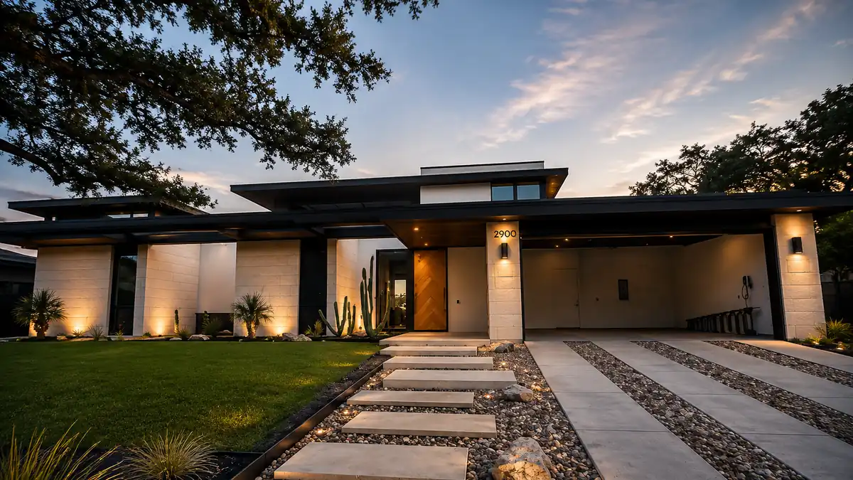 Finished modern Austin home at dusk