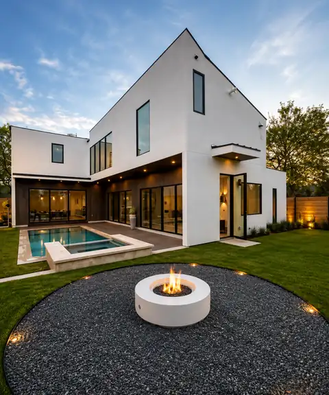 Two-story white house with firepit terrace