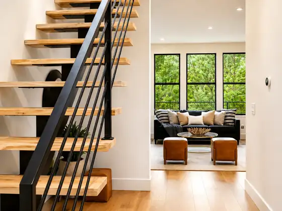 Open-tread stair beside a living room